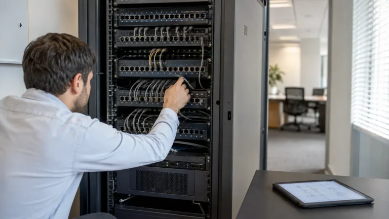 Armadio rack con patch panel e cablaggio di rete organizzato