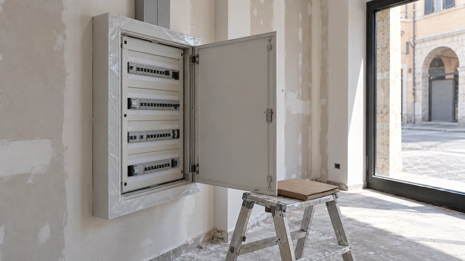 Quadro elettrico a parete aperto in un locale appena allestito, cartellina su una scaletta accanto