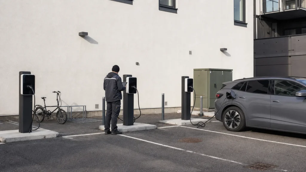 Colonnine di ricarica per veicoli elettrici in un parcheggio aziendale con tecnico