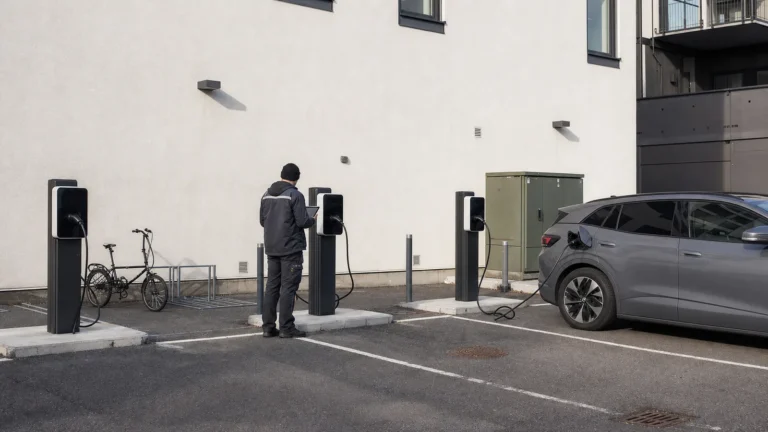 Colonnine di ricarica per veicoli elettrici in un parcheggio aziendale con tecnico
