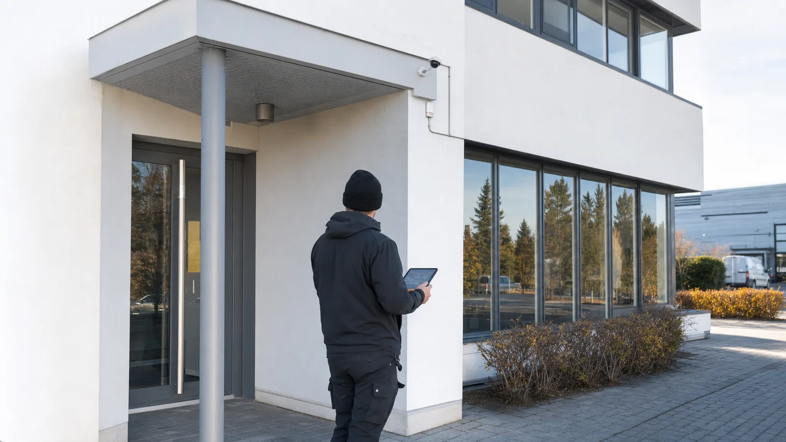 Tecnico verifica un impianto antintrusione e videosorveglianza su un edificio tecnico moderno