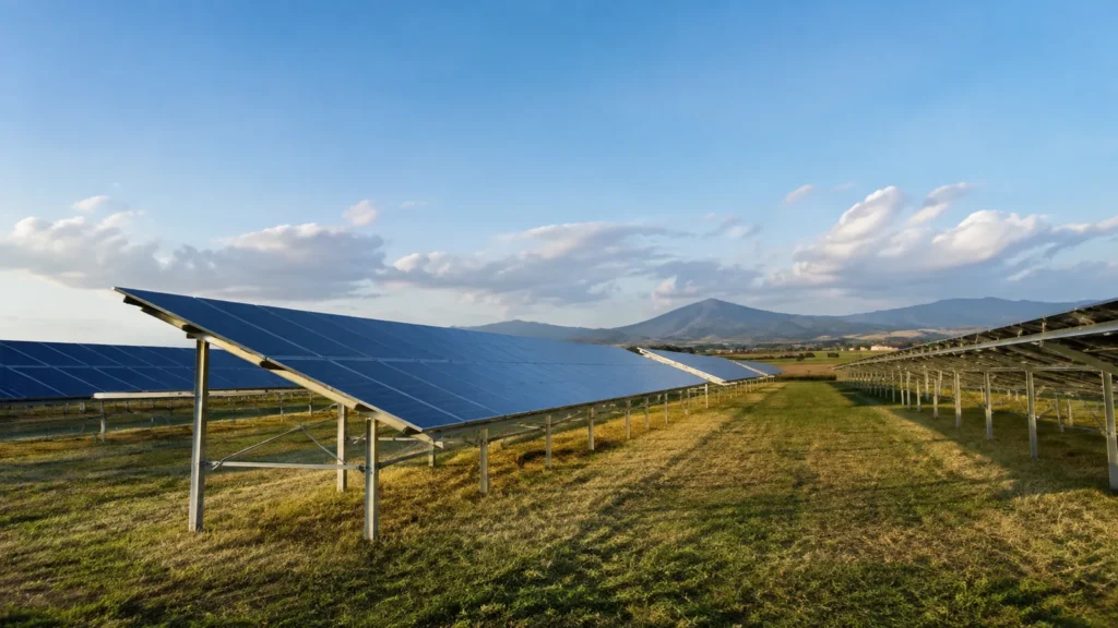 Impianto fotovoltaico a terra con pannelli su file ordinate in campagna