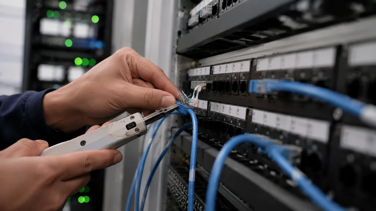 Permutatore di rete con patch panel e cablaggio strutturato ordinato