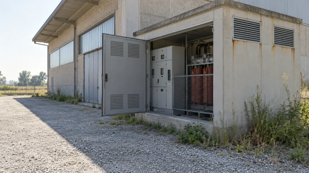 Cabina di trasformazione MT/BT con la porta aperta accanto a un capannone in un'area artigianale del bolognese