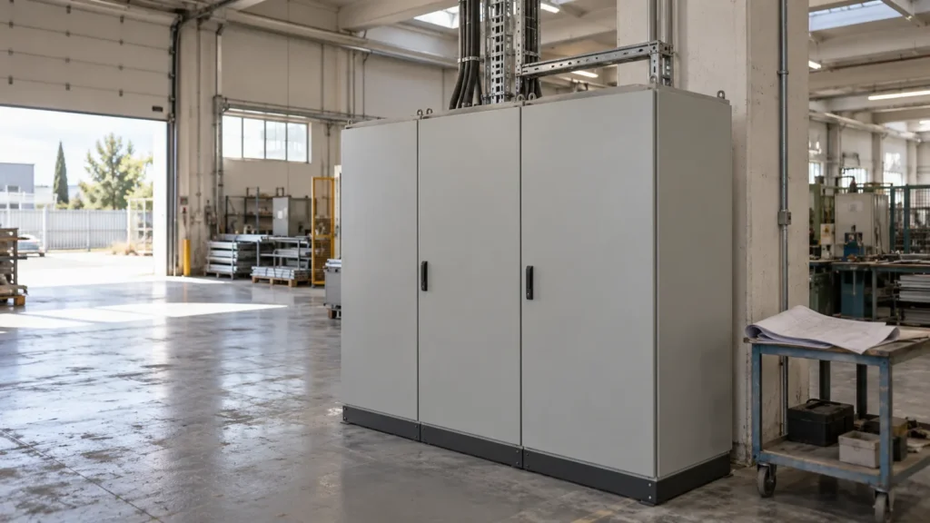 Quadro elettrico industriale ad armadio con le ante chiuse in un capannone