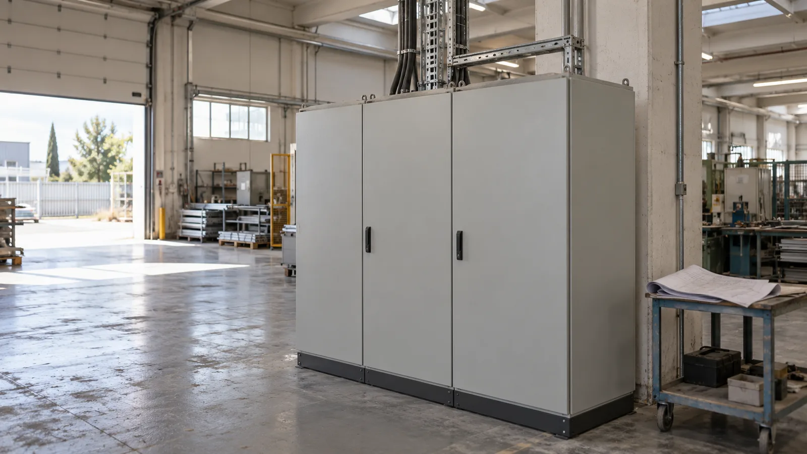 Quadro elettrico industriale ad armadio con le ante chiuse in un capannone
