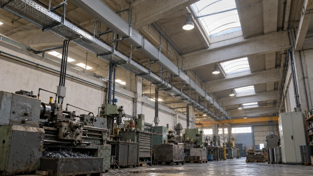 Passerelle portacavi e condotto sbarre sotto il tetto di un capannone metalmeccanico in attività
