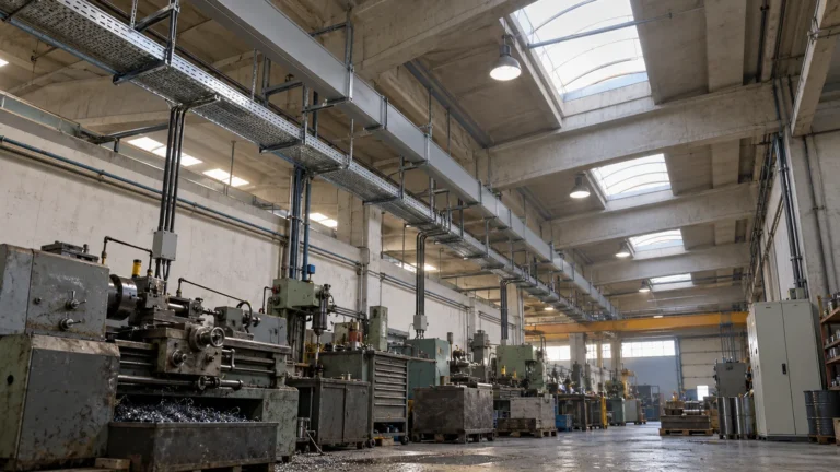 Passerelle portacavi e condotto sbarre sotto il tetto di un capannone metalmeccanico in attività