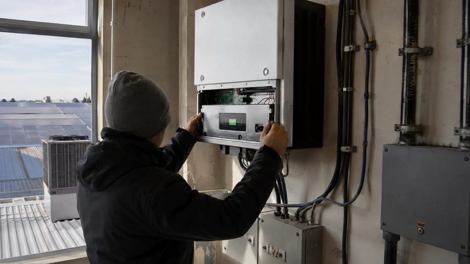 Tecnico ispeziona un inverter fotovoltaico in locale tecnico