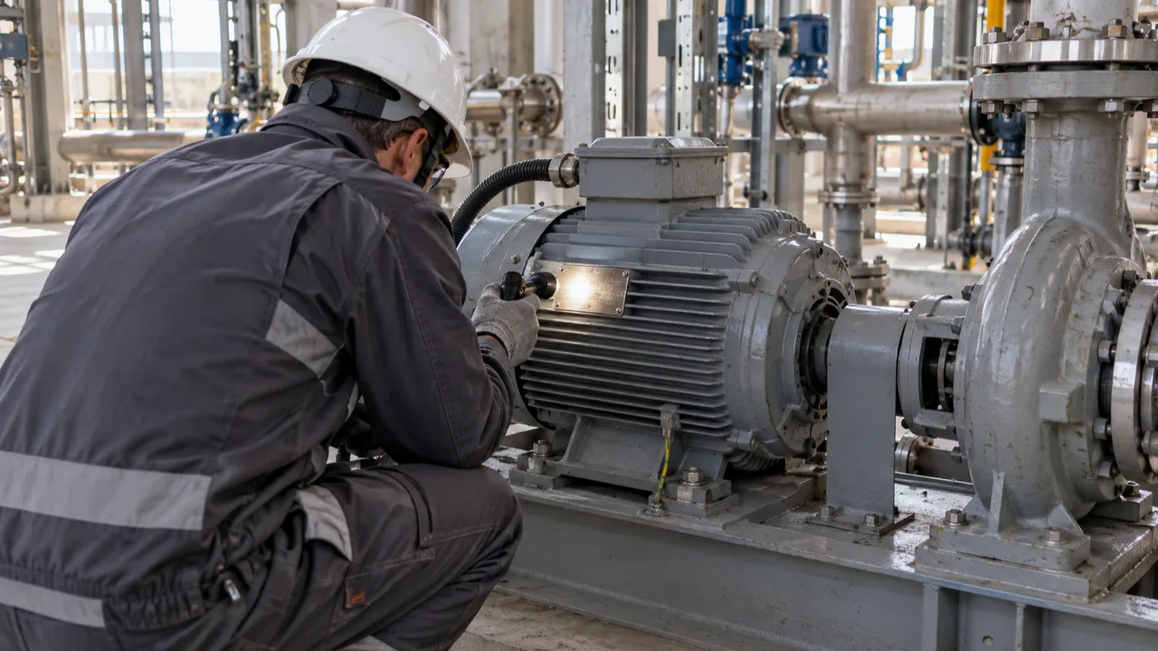 Tecnico che controlla la targa di marcatura ATEX di un motore elettrico in uno stabilimento industriale