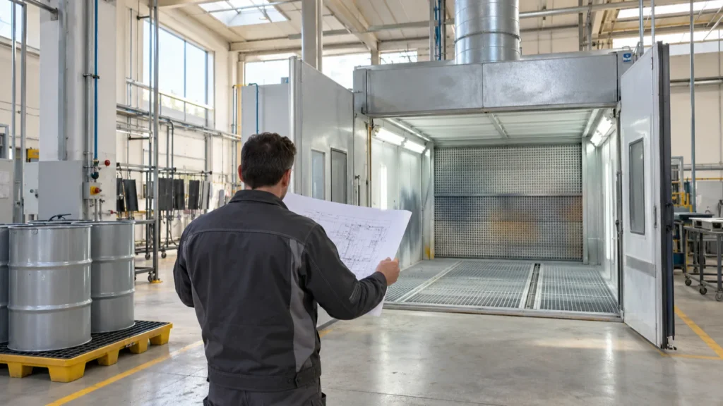 Tecnico di spalle con la planimetria dello stabilimento davanti a una cabina di verniciatura durante la valutazione rischio A
