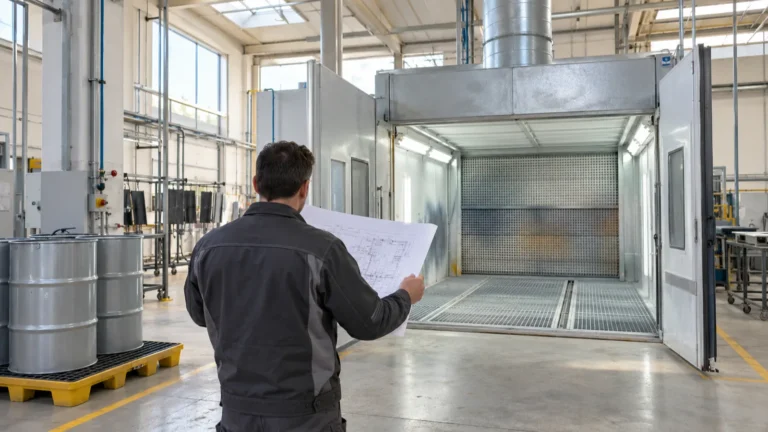 Tecnico di spalle con la planimetria dello stabilimento davanti a una cabina di verniciatura durante la valutazione rischio A