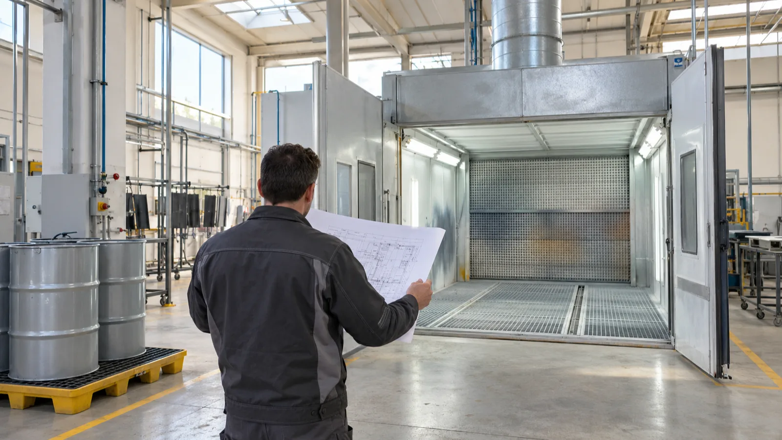 Tecnico di spalle con la planimetria dello stabilimento davanti a una cabina di verniciatura durante la valutazione rischio A