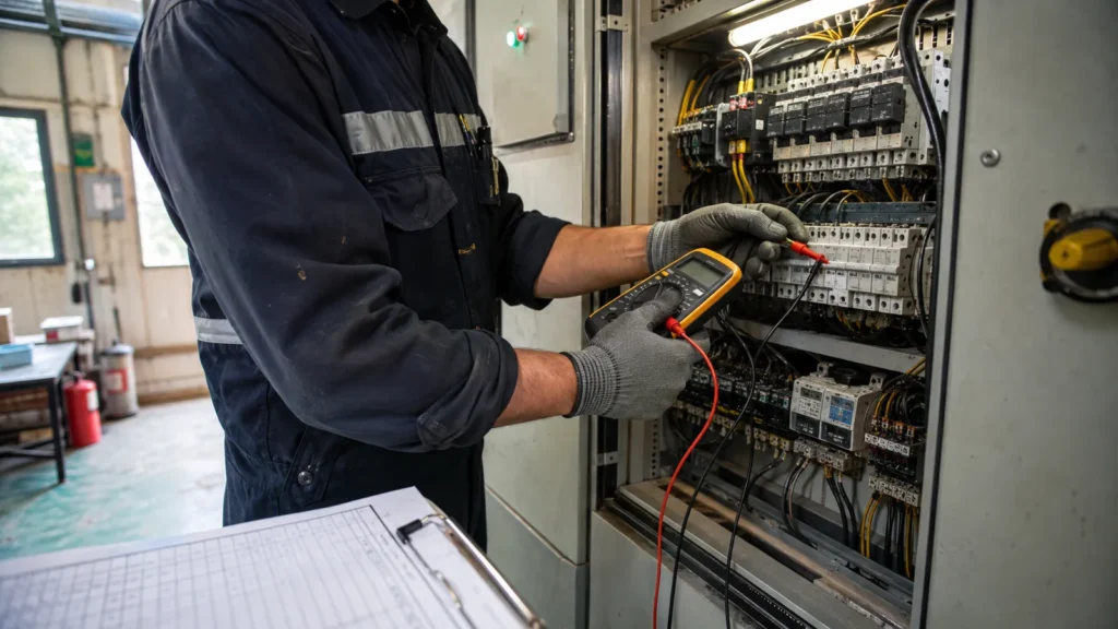 Tecnico esegue una verifica periodica su quadro elettrico industriale con multimetro