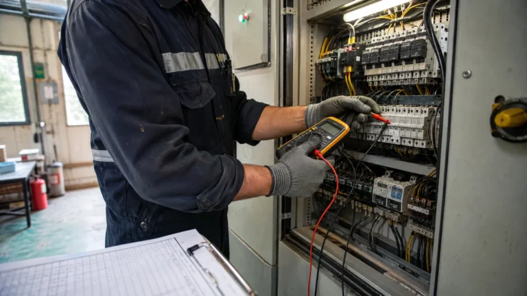 Tecnico esegue una verifica periodica su quadro elettrico industriale con multimetro